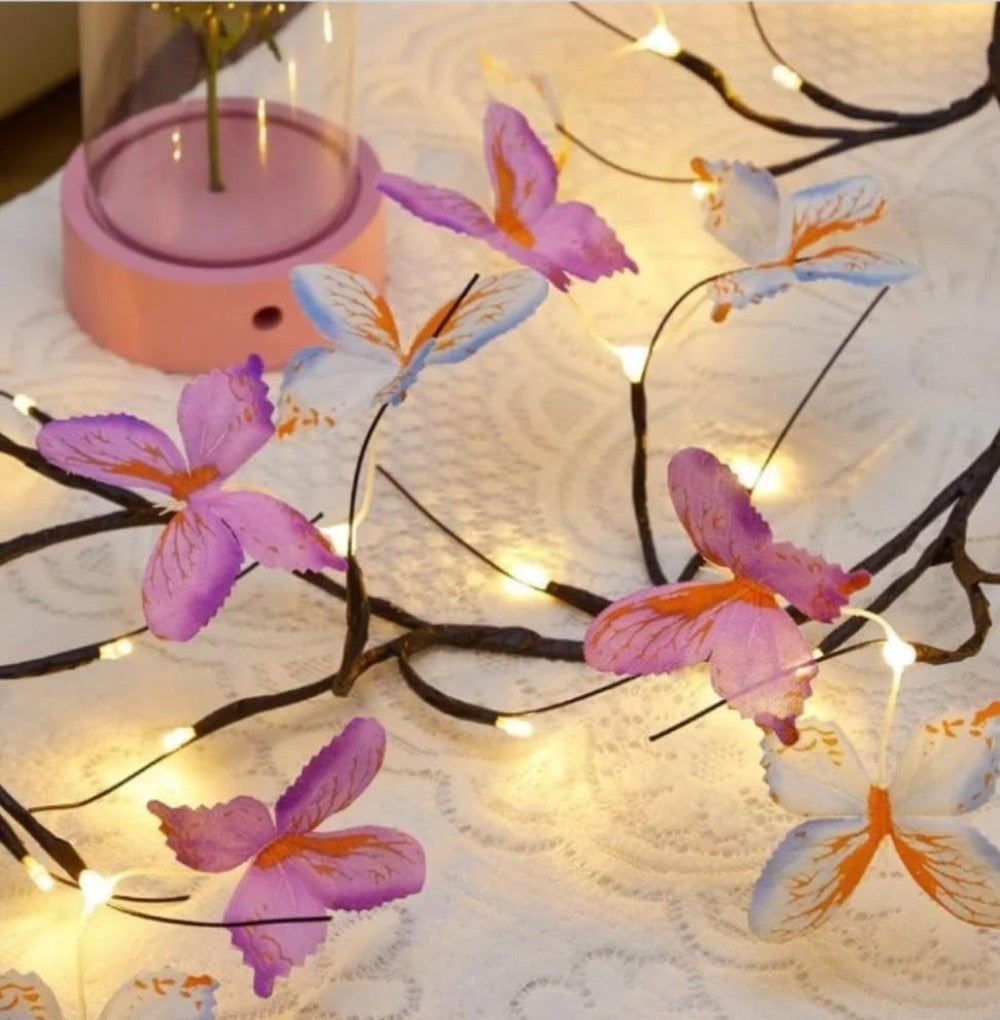 Multicolor plastic butterfly vine wall light with 48 warm white LEDs, USB powered decorative accent