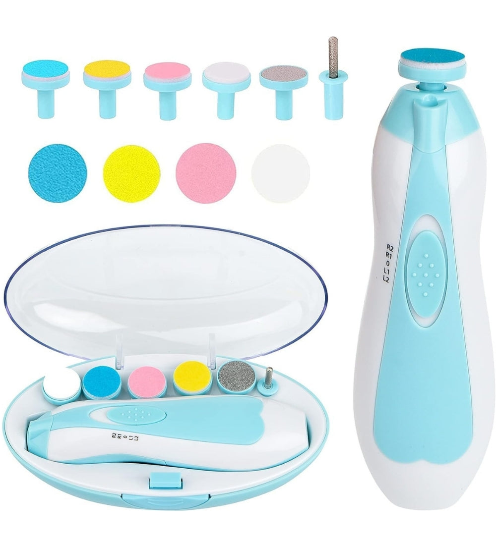 White and blue electric baby nail trimmer with built-in LED light and six grinding pads for gentle care