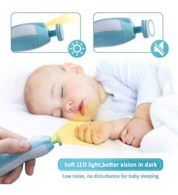 White and blue electric baby nail trimmer with built-in LED light and six grinding pads for gentle care