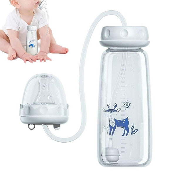 Clear plastic hands-free feeding bottle with anti-colic design and adjustable fast flow straw for toddlers