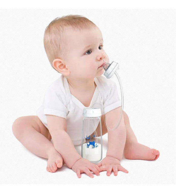 Clear plastic hands-free feeding bottle with anti-colic design and adjustable fast flow straw for toddlers