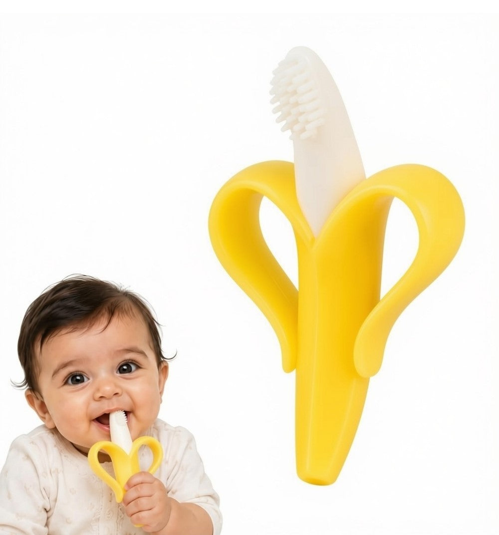 Yellow food-grade silicone banana teether and infant toothbrush for soothing gums and promoting oral hygiene