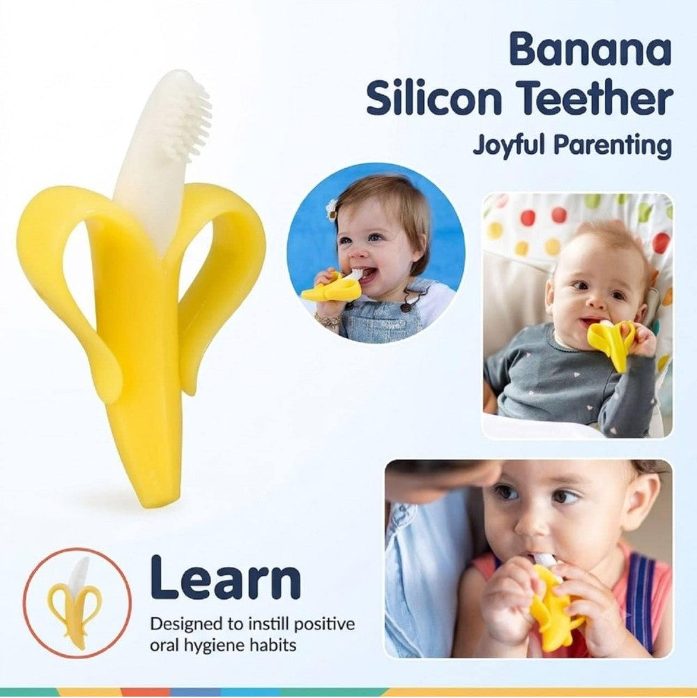 Yellow food-grade silicone banana teether and infant toothbrush for soothing gums and promoting oral hygiene