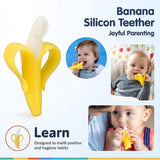 Yellow food-grade silicone banana teether and infant toothbrush for soothing gums and promoting oral hygiene