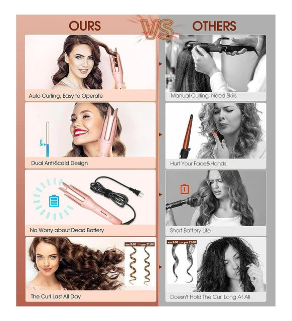 Pink plastic and stainless steel automatic hair curler with adjustable temperature settings for styling hair