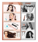 Pink plastic and stainless steel automatic hair curler with adjustable temperature settings for styling hair