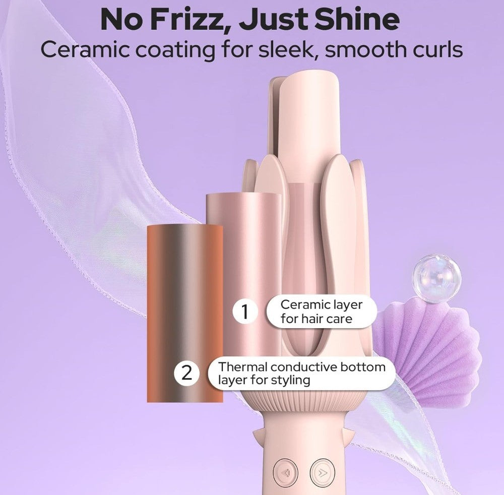 Pink plastic and stainless steel automatic hair curler with adjustable temperature settings for styling hair