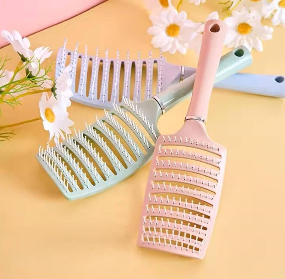 Multicolor plastic detangling hair brush with vented design for wet or dry hair grooming