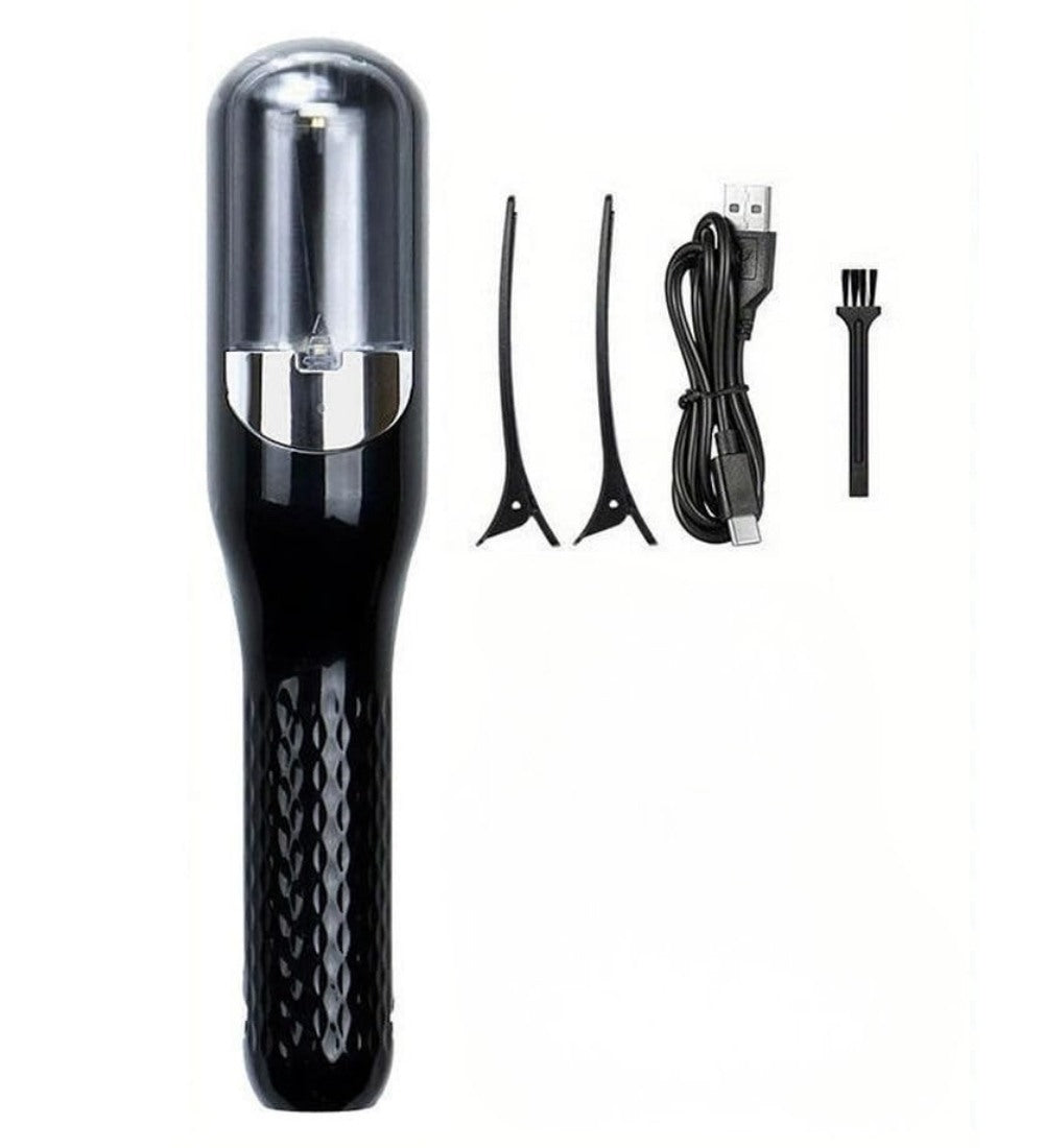 Black stainless steel cordless 2-in-1 hair trimmer and split end remover for professional at-home hair care