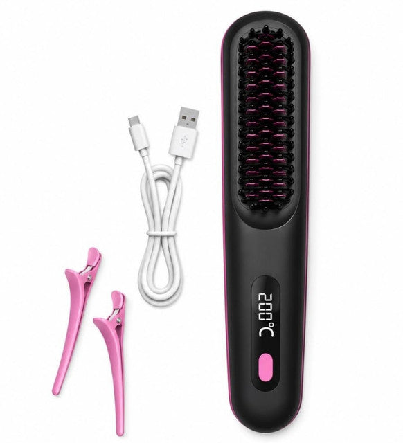 Plastic Cordless Hair Straightener Brush (Black-Pink)