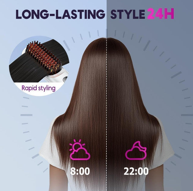 Black and pink cordless hair straightener brush with ionic care and 5 heat settings for styling hair