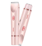 Pink plastic and stainless steel dual head electric shaver for complete body, face, and bikini grooming