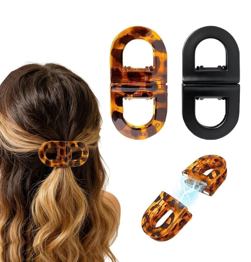 Multicolor plastic magnetic hair clip with elegant oval tortoise print design for securing ponytails and half-up styles