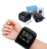 Black plastic digital blood pressure monitor for home use with adjustable wrist cuff and clear digital display