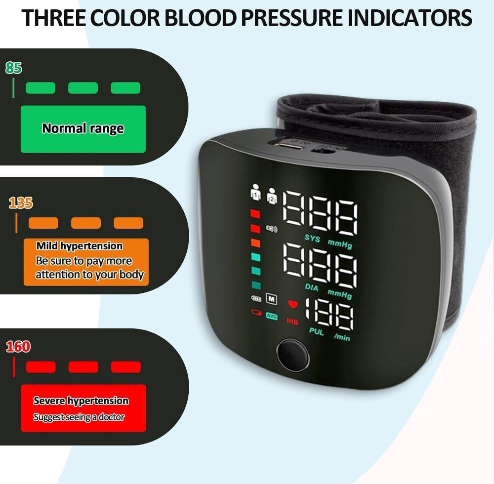 Black plastic digital blood pressure monitor for home use with adjustable wrist cuff and clear digital display