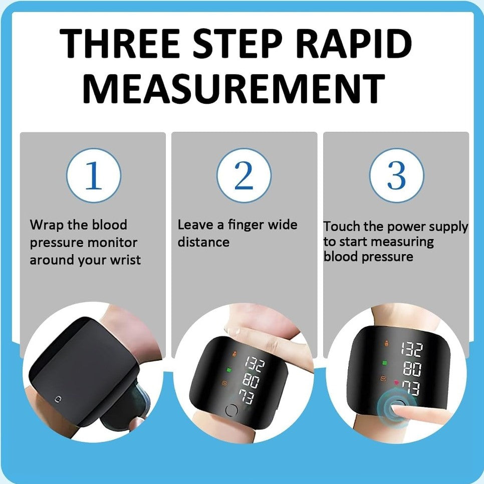Black plastic digital blood pressure monitor for home use with adjustable wrist cuff and clear digital display