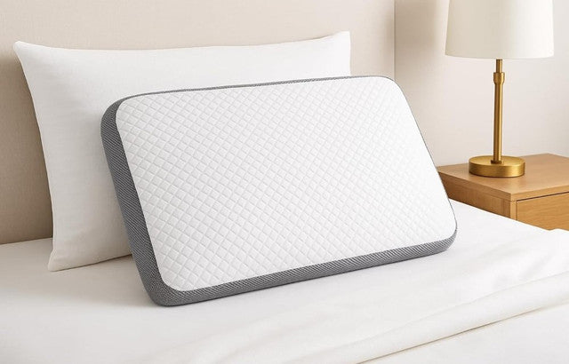 White-grey orthopedic memory foam pillow providing therapeutic support for neck and shoulder alignment