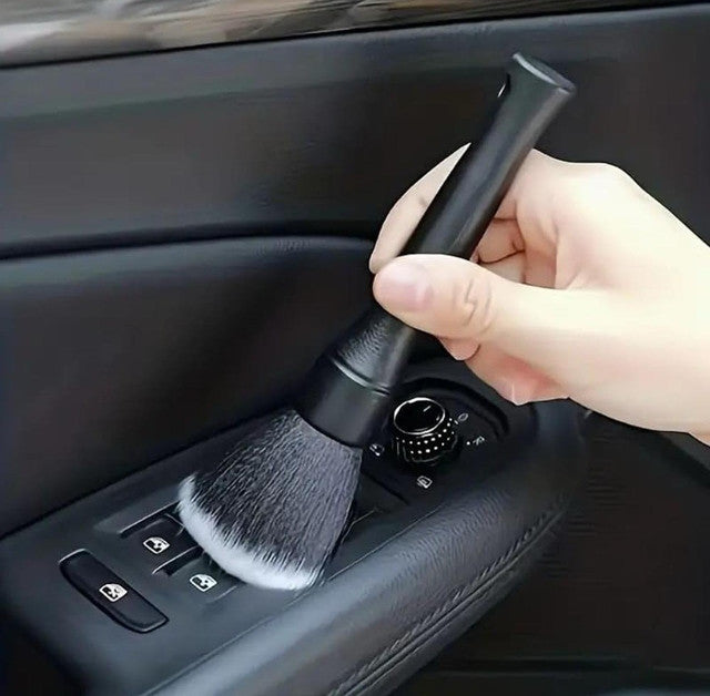 Black plastic 2-in-1 car cleaning brush combo with microfiber duster and vent brush for detailing