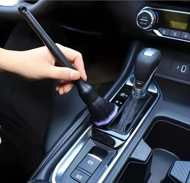 Black plastic 2-in-1 car cleaning brush combo with microfiber duster and vent brush for detailing
