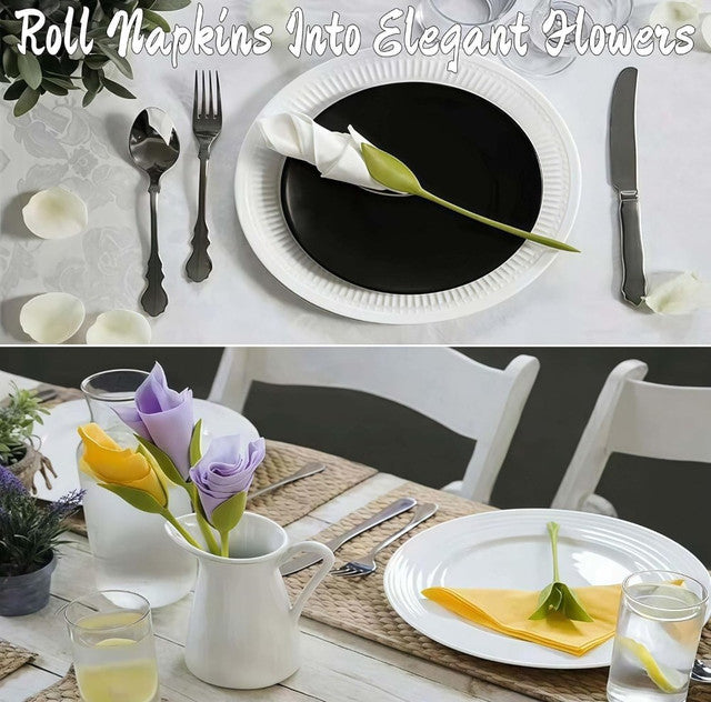 Green plastic napkin holder set designed to display folded paper or cloth napkins in a flower arrangement style