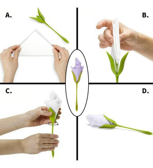 Green plastic napkin holder set designed to display folded paper or cloth napkins in a flower arrangement style