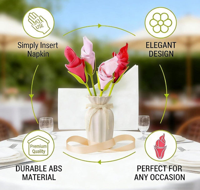 Green plastic napkin holder set designed to display folded paper or cloth napkins in a flower arrangement style