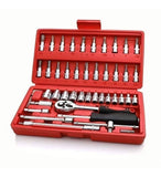 Silver and red 46-piece comprehensive tool kit with ratchet handle, sockets, and bits for mechanical repair