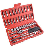 Silver and red 46-piece comprehensive tool kit with ratchet handle, sockets, and bits for mechanical repair