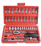 Silver and red 46-piece comprehensive tool kit with ratchet handle, sockets, and bits for mechanical repair