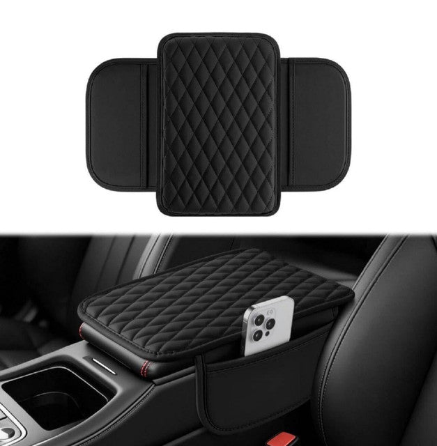 Black PU leather car armrest cushion cover with storage pocket, designed for universal fit and comfort