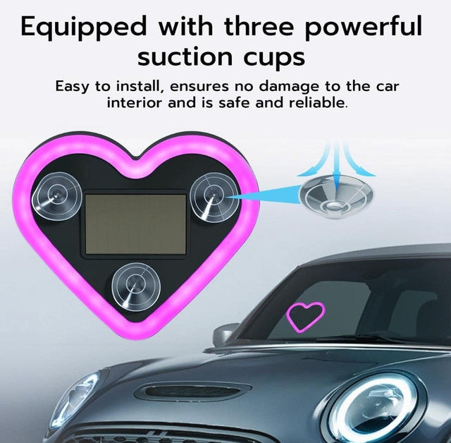 Pink heart-shaped neon car light with solar charging and multiple flashing modes for dashboard or window display