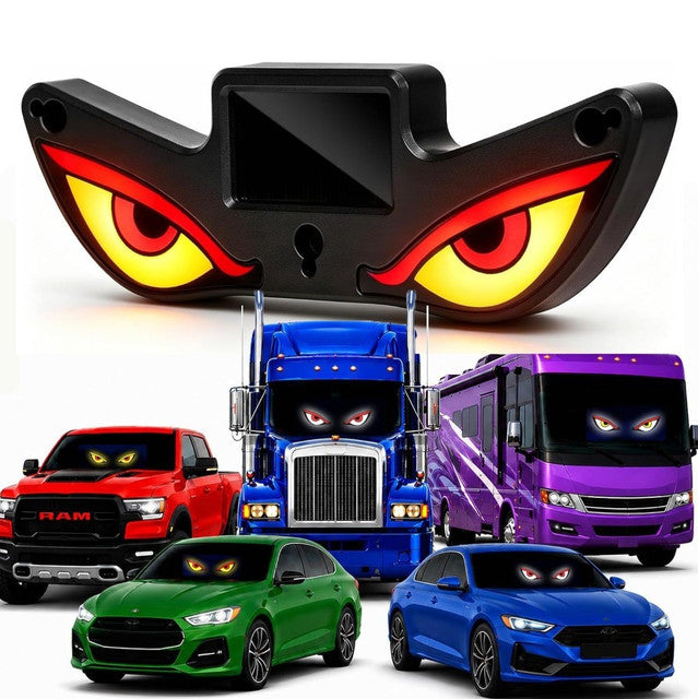 Red and yellow plastic LED devil eyes car light with solar panel for unique rear window lighting effect