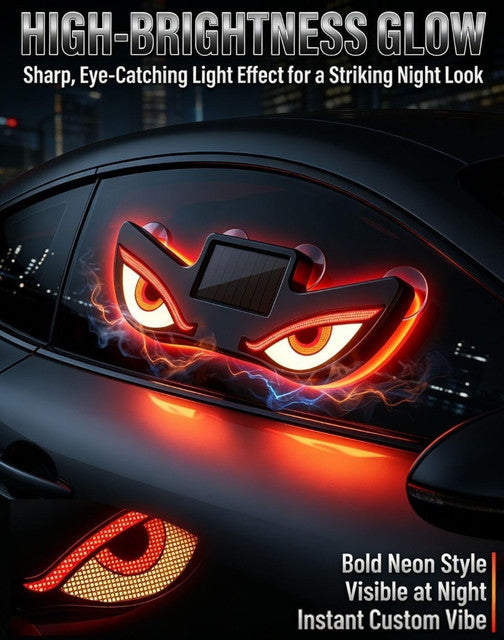 Red and yellow plastic LED devil eyes car light with solar panel for unique rear window lighting effect