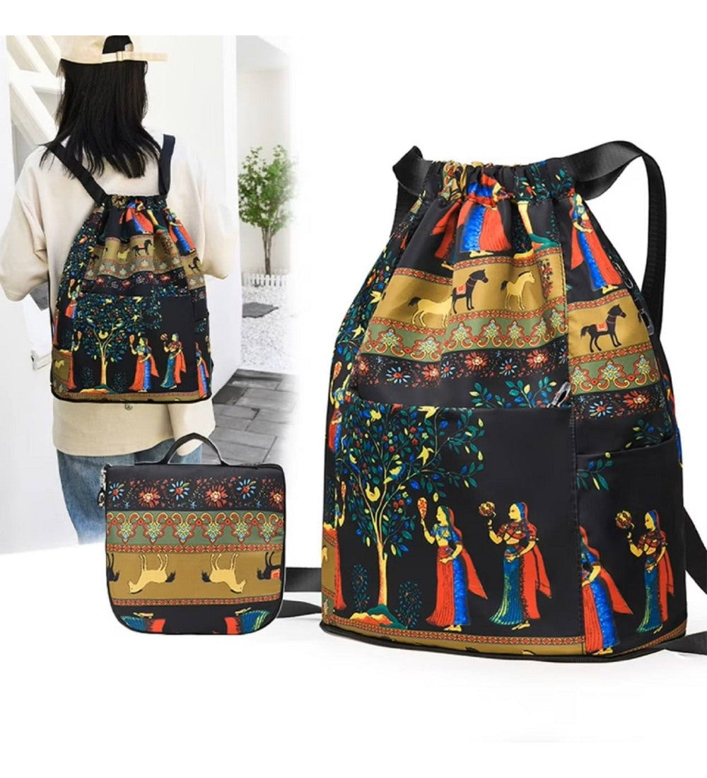 Multicolor nylon-polyester printed backpack with spacious interior for daily use and travel