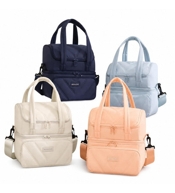 Multicolor cotton dual zipper lunch bag with insulated double compartments for keeping food fresh