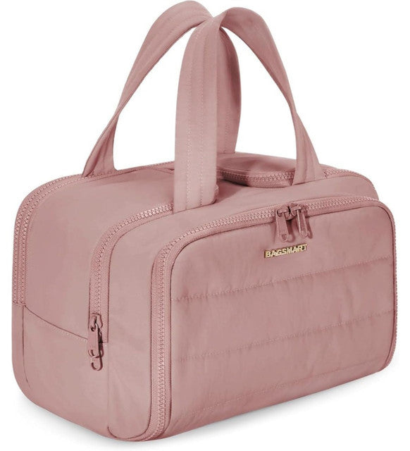 Peach polyester 4-in-1 travel toiletry bag with multiple compartments for cosmetics and toiletries