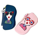 Multicolor silicone glasses case with cute cartoon face design, wrist strap, and microfiber cloth included
