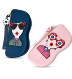 Multicolor silicone glasses case with cute cartoon face design, wrist strap, and microfiber cloth included