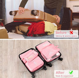 Pink nylon 7-piece travel packing cube set with various organizers for clothes, shoes, and toiletries