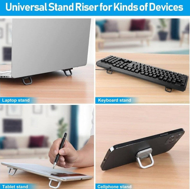 Silver foldable mini laptop stand made of zinc alloy for ergonomic viewing and heat dissipation