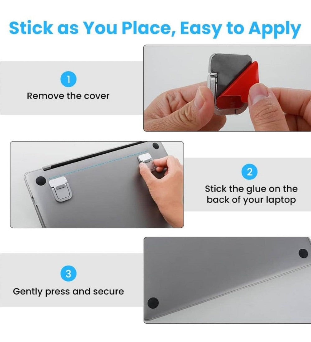 Silver foldable mini laptop stand made of zinc alloy for ergonomic viewing and heat dissipation