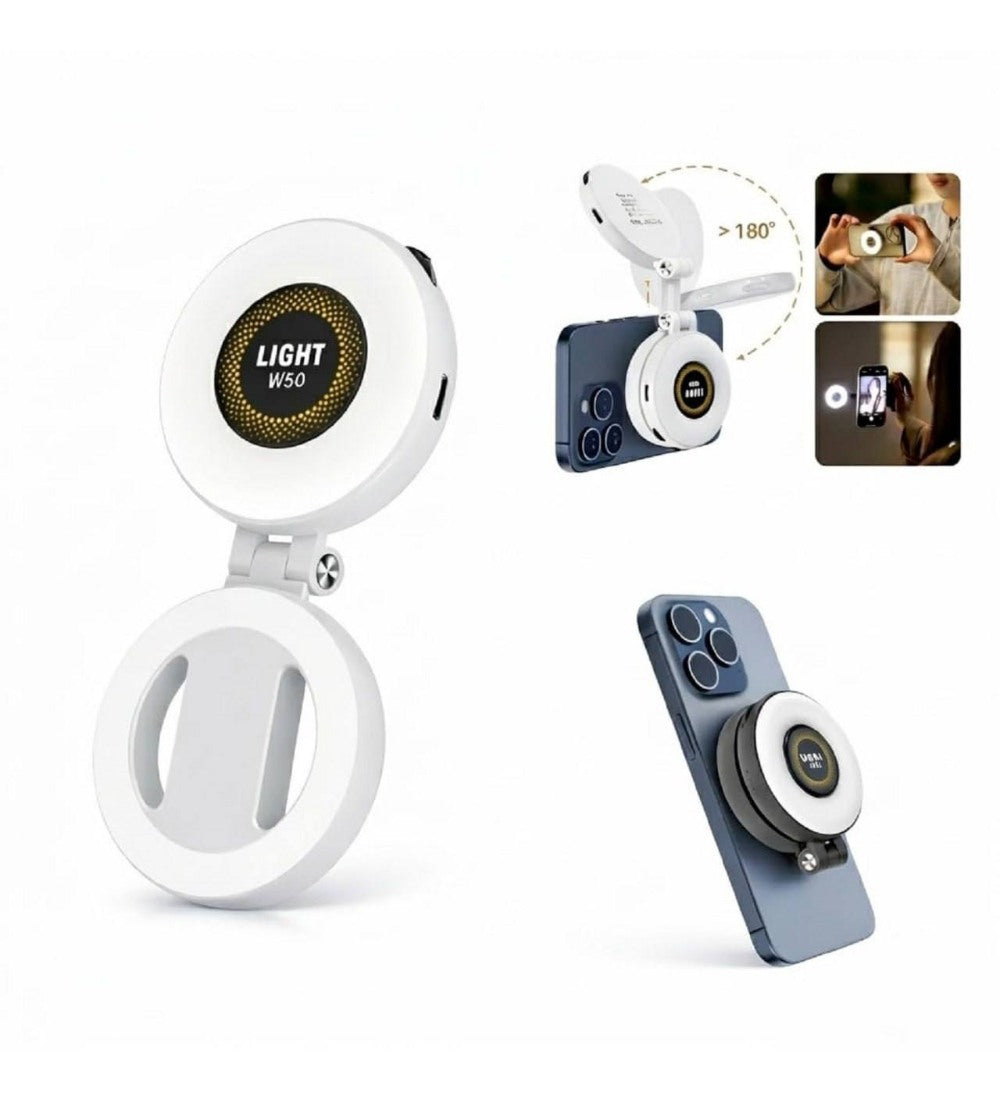 White magnetic selfie light with adjustable brightness and 360-degree swivel for portable video recording