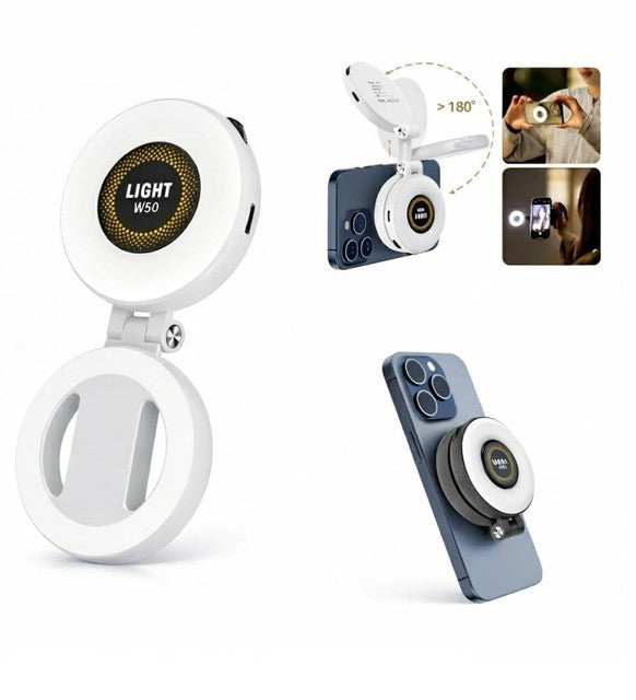 White magnetic selfie light with adjustable brightness and 360-degree swivel for portable video recording