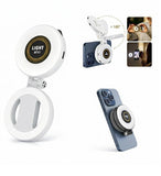 White magnetic selfie light with adjustable brightness and 360-degree swivel for portable video recording