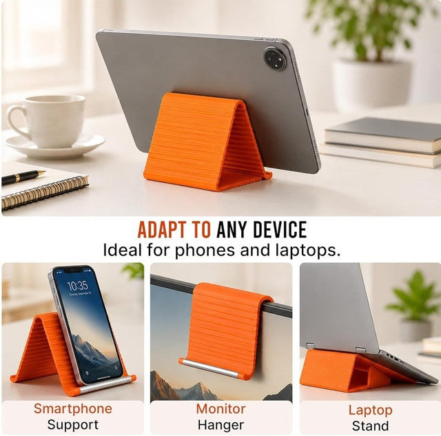 Orange and black silicone phone holder with adjustable aluminum support for universal smartphone and tablet compatibility
