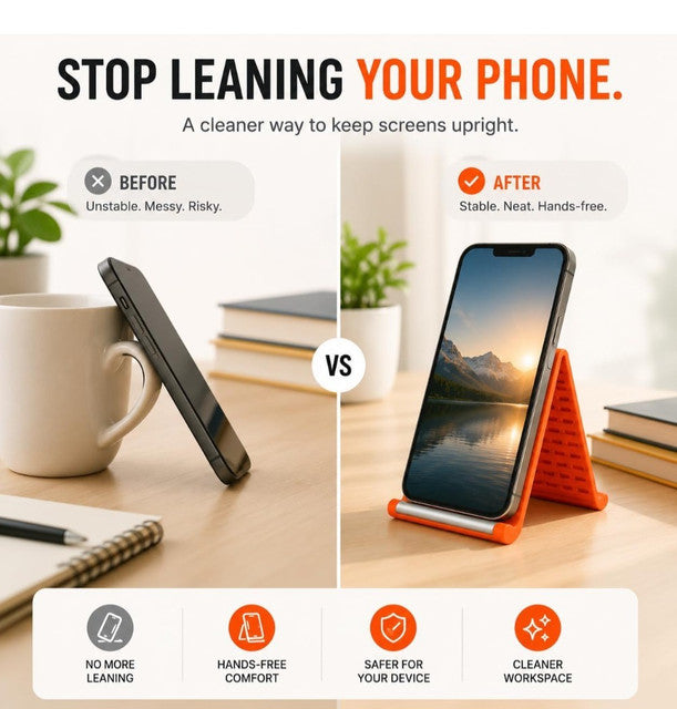 Orange and black silicone phone holder with adjustable aluminum support for universal smartphone and tablet compatibility