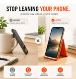 Orange and black silicone phone holder with adjustable aluminum support for universal smartphone and tablet compatibility
