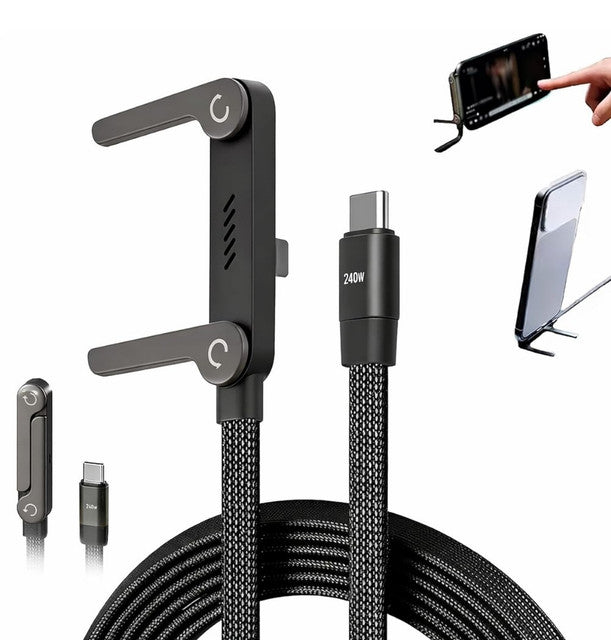 Black aluminum alloy 2-in-1 USB C cable charger with 1.5m length and adjustable phone stand