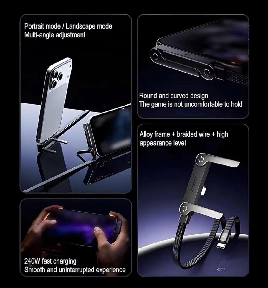 Black aluminum alloy 2-in-1 USB C cable charger with 1.5m length and adjustable phone stand