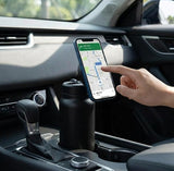 Black stainless steel reusable water bottle with magnetic phone holder lid and carry handle